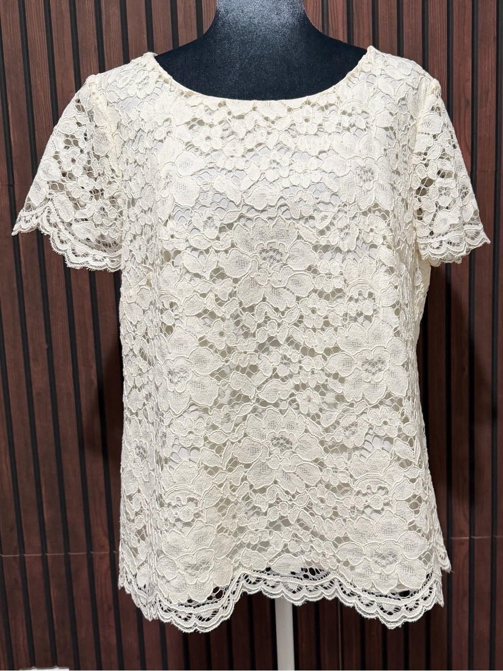 Talbots Cream Floral Lace Scalloped Short Sleeve Blouse Top Size 14